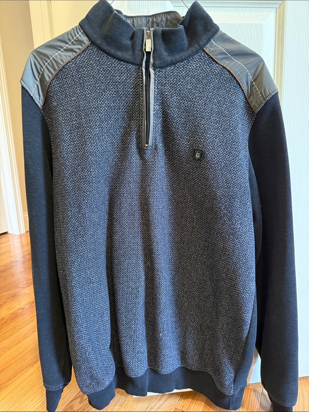 Men's Quarter-Zip Knit Sweater with Contrast Shoulder Panels - Navy